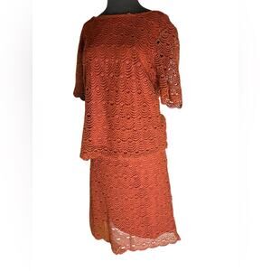 Y2K Crochet Lace Sheer Sleeve Top Midi Skirt Set Womens Size L Romantic Feminine